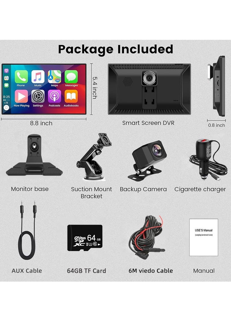 Wireless Apple CarPlay Car Stereo, Portable 9 inch Car Touch Screen Android Auto, 2.5K Dash Cam, 1080p Backup Camera DVR, Drive Navigation with Mirror Link/Siri/FM/Bluetooth