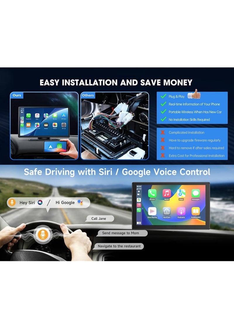 Wireless Apple CarPlay Car Stereo, Portable 9 inch Car Touch Screen Android Auto, 2.5K Dash Cam, 1080p Backup Camera DVR, Drive Navigation with Mirror Link/Siri/FM/Bluetooth