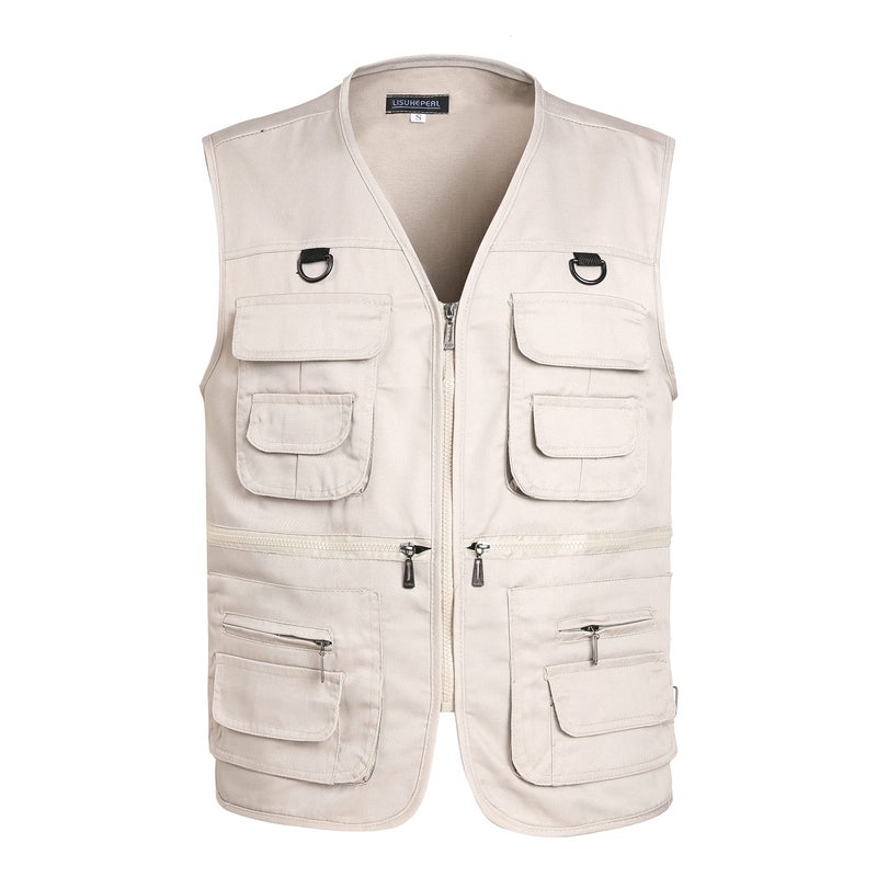 LISUHEPEAL Mens Fishing Vest Summer Outdoor Work Safari Travel Photo Vests with Multi Pockets LS18Beige - Image 2