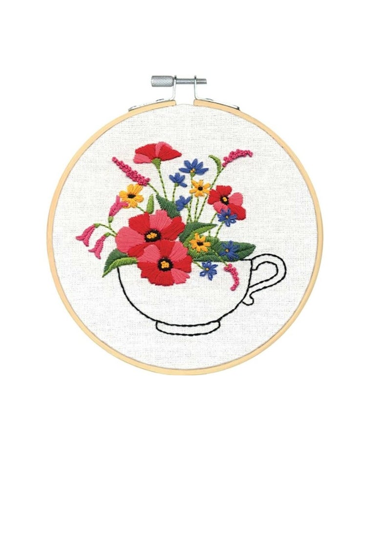 Embroiderymaterial - Embroidery Kit with Hoop 6in Teacup Bouquet - Image 1