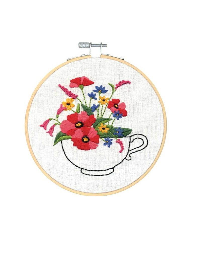 Embroiderymaterial - Embroidery Kit with Hoop 6in Teacup Bouquet - Image 1