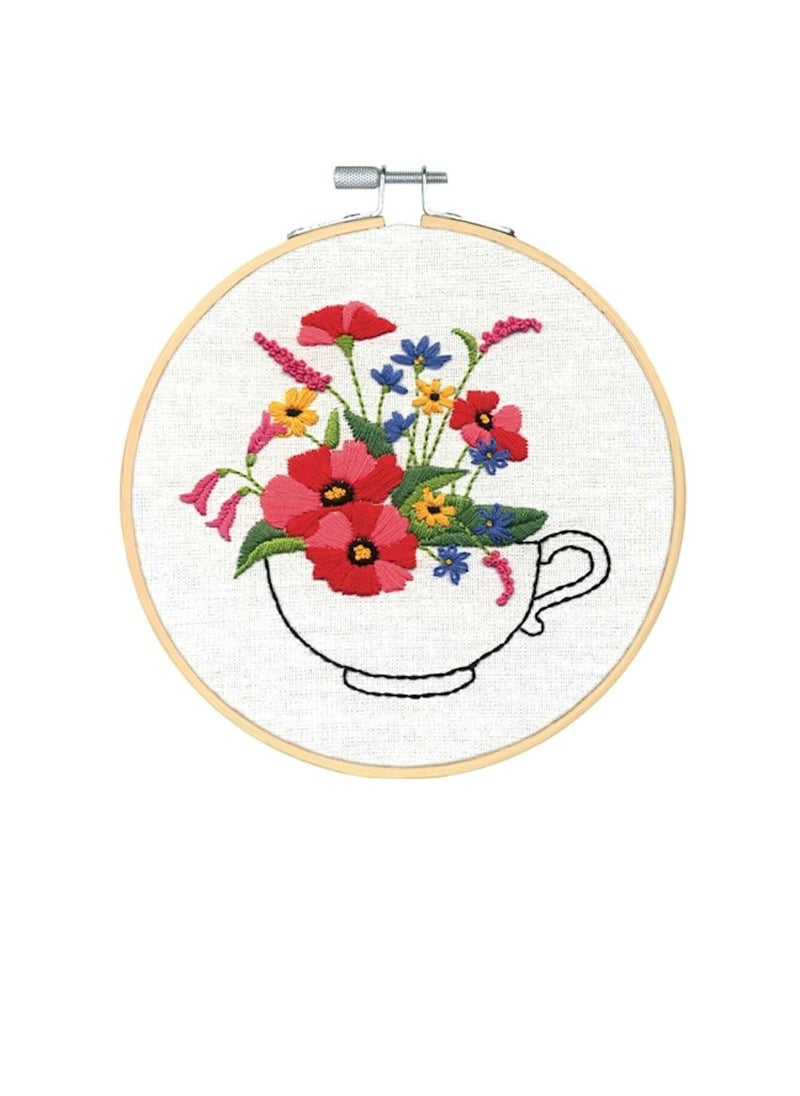 Embroiderymaterial - Embroidery Kit with Hoop 6in Teacup Bouquet - Image 1