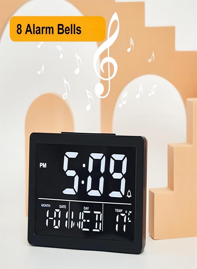 Lancoon Digital Alarm Clock, 5.3" LCD Screen Time Date Week Temperature Display 12/24H Snooze Function 6 Adjustable Brightness 8 Ringtones for Home Office Bedroom Living Room (White) - Image 3