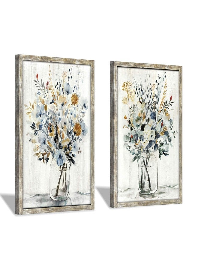 Hardy Gallery Floral Picture Wall Art Painting: Blossom Bouquet Flowers Prints on Rustic Wood and Handcrafted Wooden Framed Artwork for Home and Bedroom (12” x 16” x 2pcs) - Image 1