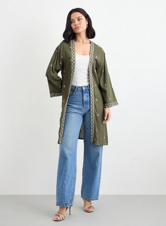 ستايلي Styli Women Khaki Embroidered Kimono