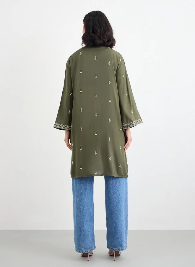 Styli Women Khaki Embroidered Kimono