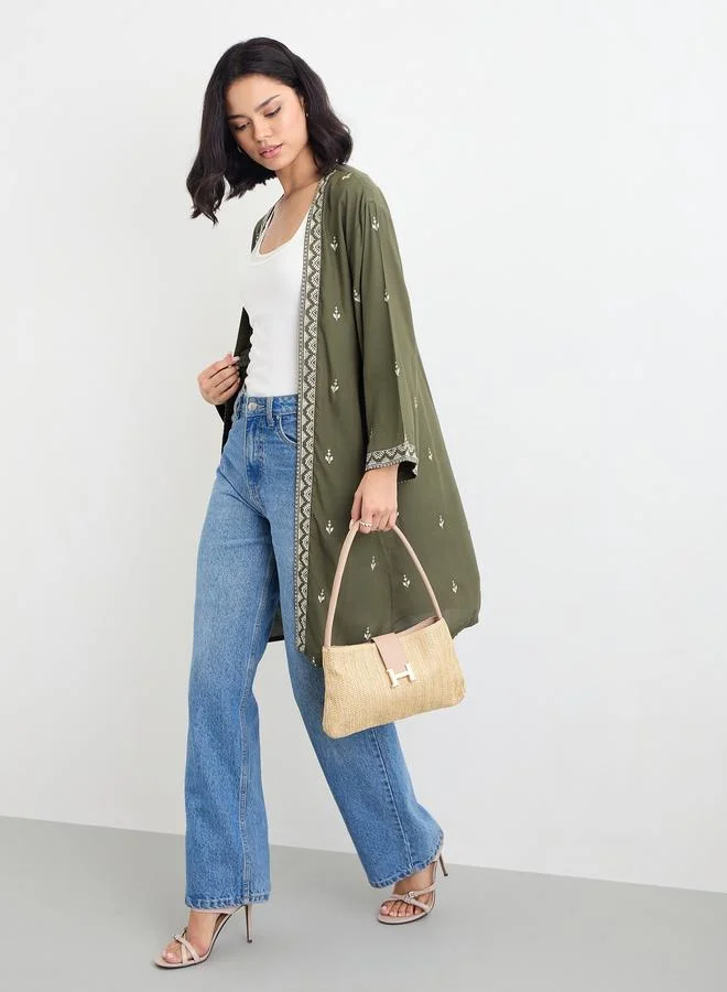 ستايلي Styli Women Khaki Embroidered Kimono