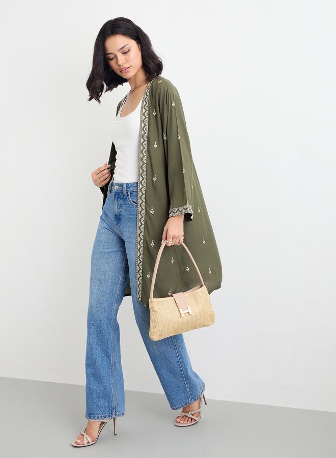 Styli Women Khaki Embroidered Kimono - Image 1