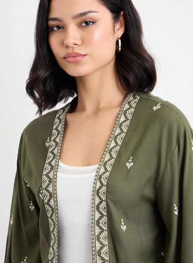 Styli Women Khaki Embroidered Kimono