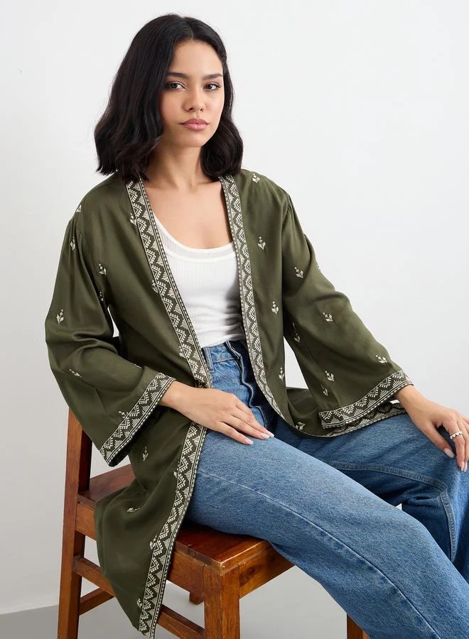 Styli Women Khaki Embroidered Kimono