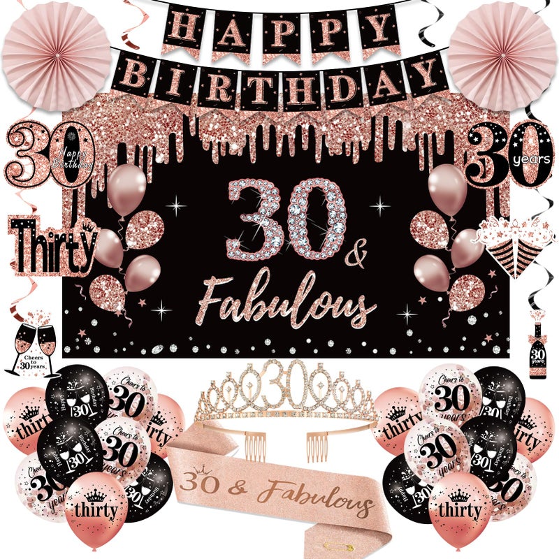 Uiorgui 30th Birthday Decorations for Women, 33pcs 30th Birthday Crown and Sash, Black Rose Gold Happy 30th Birthday Banner Balloons Backdrop Hanging Swirls Paper Fans, 30 Years Old Birthday Decorations Kit - Image 1