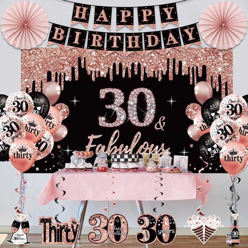 Uiorgui 30th Birthday Decorations for Women, 33pcs 30th Birthday Crown and Sash, Black Rose Gold Happy 30th Birthday Banner Balloons Backdrop Hanging Swirls Paper Fans, 30 Years Old Birthday Decorations Kit - Image 5