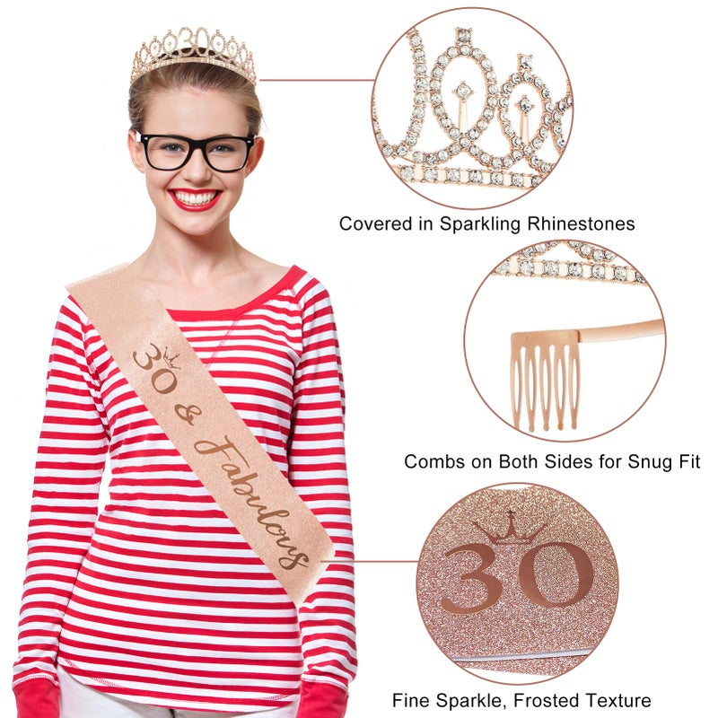 Uiorgui 30th Birthday Decorations for Women, 33pcs 30th Birthday Crown and Sash, Black Rose Gold Happy 30th Birthday Banner Balloons Backdrop Hanging Swirls Paper Fans, 30 Years Old Birthday Decorations Kit - Image 4
