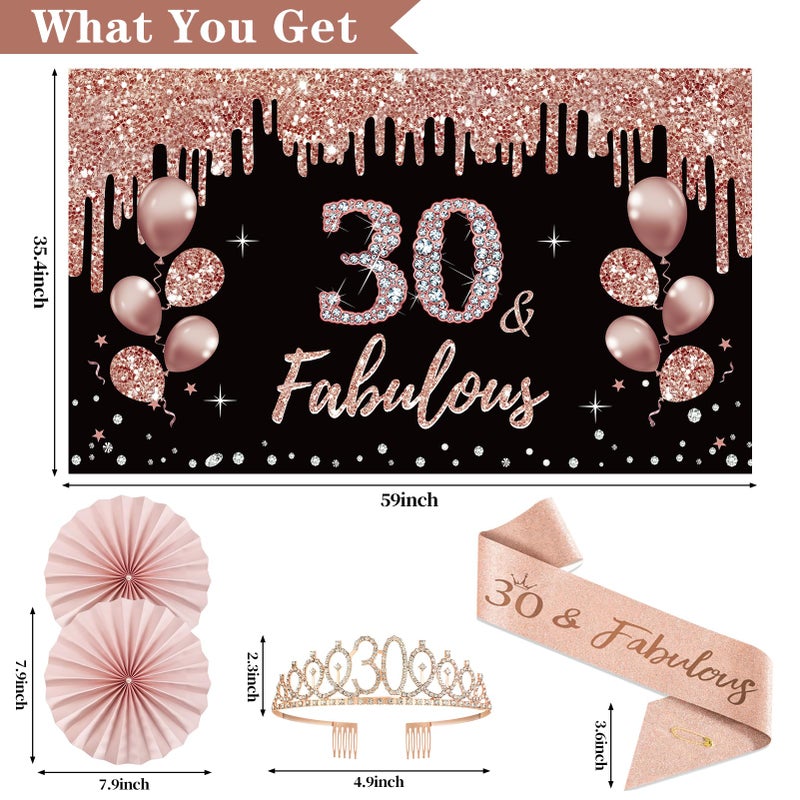 Uiorgui 30th Birthday Decorations for Women, 33pcs 30th Birthday Crown and Sash, Black Rose Gold Happy 30th Birthday Banner Balloons Backdrop Hanging Swirls Paper Fans, 30 Years Old Birthday Decorations Kit - Image 3