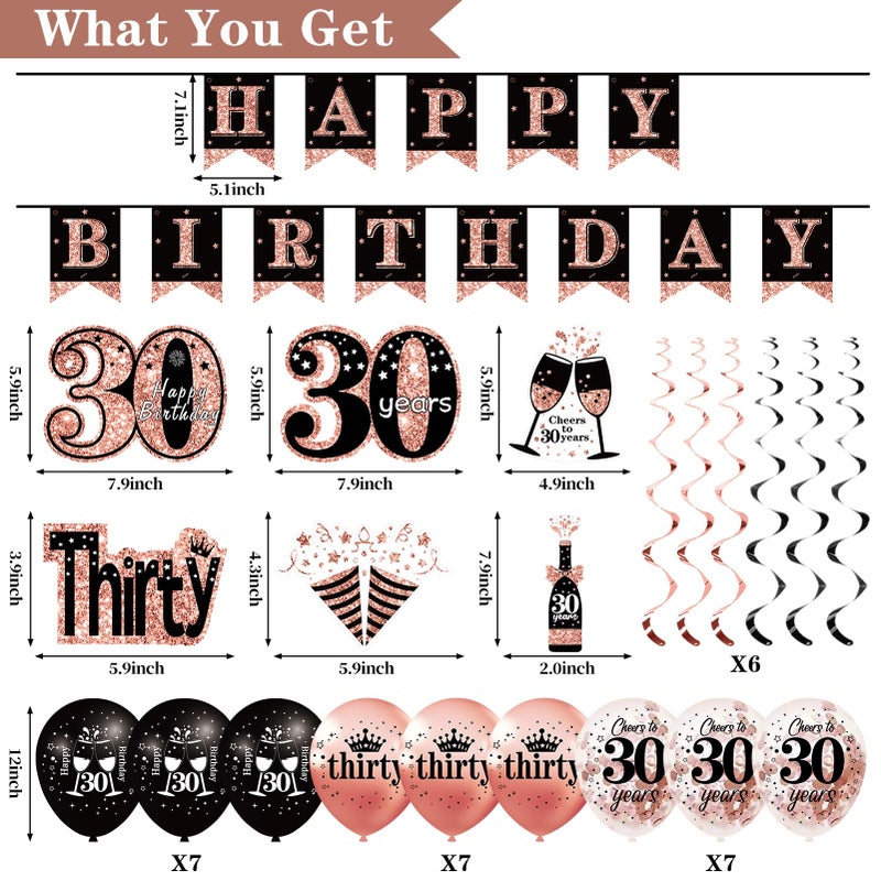 Uiorgui 30th Birthday Decorations for Women, 33pcs 30th Birthday Crown and Sash, Black Rose Gold Happy 30th Birthday Banner Balloons Backdrop Hanging Swirls Paper Fans, 30 Years Old Birthday Decorations Kit - Image 2