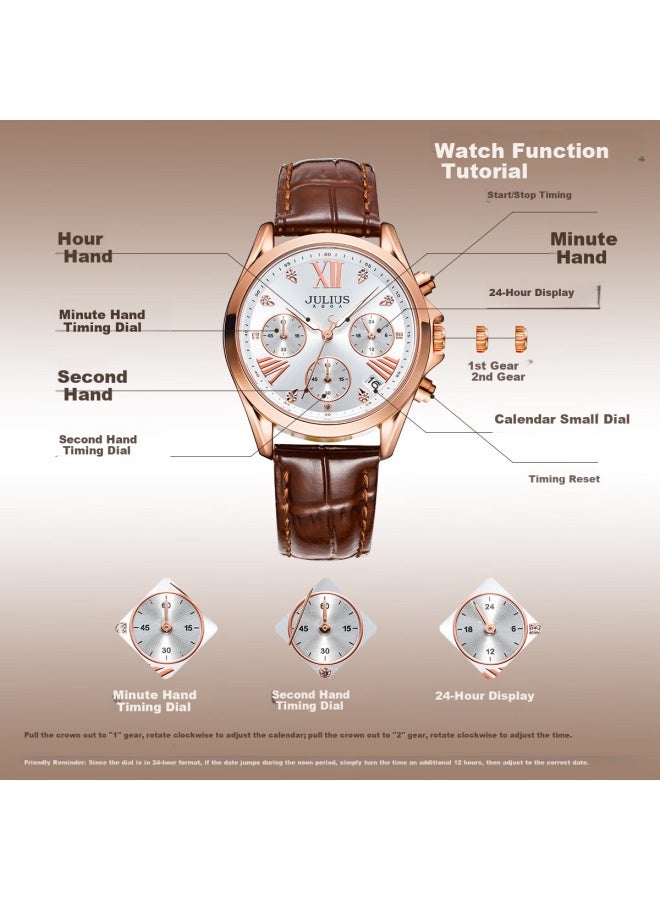Julius Women's Watch With Calendar, Multifunctional Elegant Diamond-encrusted Quartz Watch, Waterproof Ladies' Wrisch, Brown Ja-1482c - Image 4
