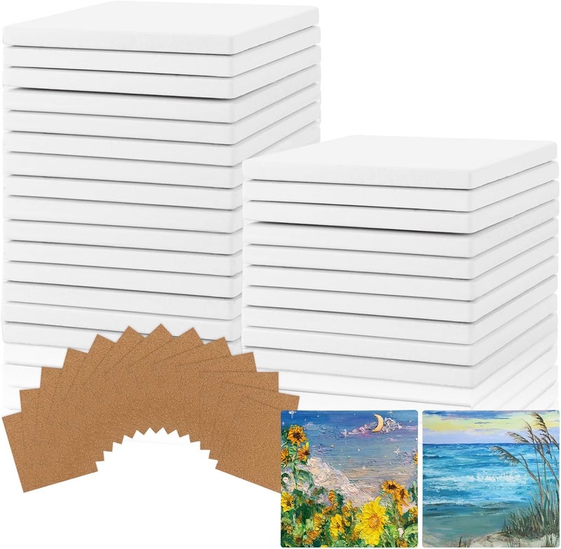 LOPYXBR 25 PCS White Coasters Making Kit, 4 Inch/10 cm Square Ceramic Tiles for Crafts, Sublimation Coasters Blank with 25 Cork Backing Pads for DIY Painting, Crafts, Art Projects, Colouring Pens - Image 1