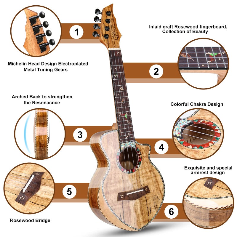 Hricane Concert Ukulele 23 inch UKS-2, 4 Strings Ukeleles For Beginners, Sapele Hawaiian Ukele with Ukulele Case and Ukele String Set (Spalted Maple Glossy) - Image 2