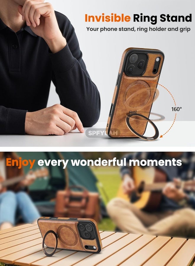 SPFYEAH Magnetic for iPhone 17 Pro Max Leather Case, Invisible Stand [Compatible with Magsafe] Luxury, Elegant, and Beautiful Design Cover, Non-Slip Vintage Looking Slim Kickstand Phone Cover, Brown - Image 2