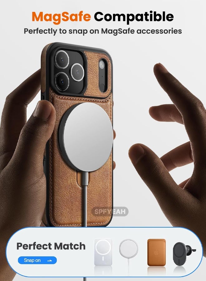 SPFYEAH Magnetic for iPhone 17 Pro Max Leather Case, Invisible Stand [Compatible with Magsafe] Luxury, Elegant, and Beautiful Design Cover, Non-Slip Vintage Looking Slim Kickstand Phone Cover, Brown - Image 3
