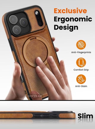 Magnetic for iPhone 17 Pro Max Leather Case, Invisible Stand [Compatible with Magsafe] Luxury, Elegant, and Beautiful Design Cover, Non-Slip Vintage Looking Slim Kickstand Phone Cover, Brown - view 5
