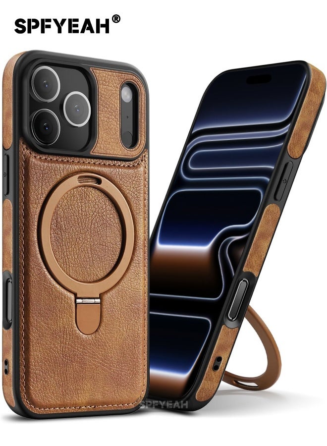 SPFYEAH Magnetic for iPhone 17 Pro Max Leather Case, Invisible Stand [Compatible with Magsafe] Luxury, Elegant, and Beautiful Design Cover, Non-Slip Vintage Looking Slim Kickstand Phone Cover, Brown - Image 1