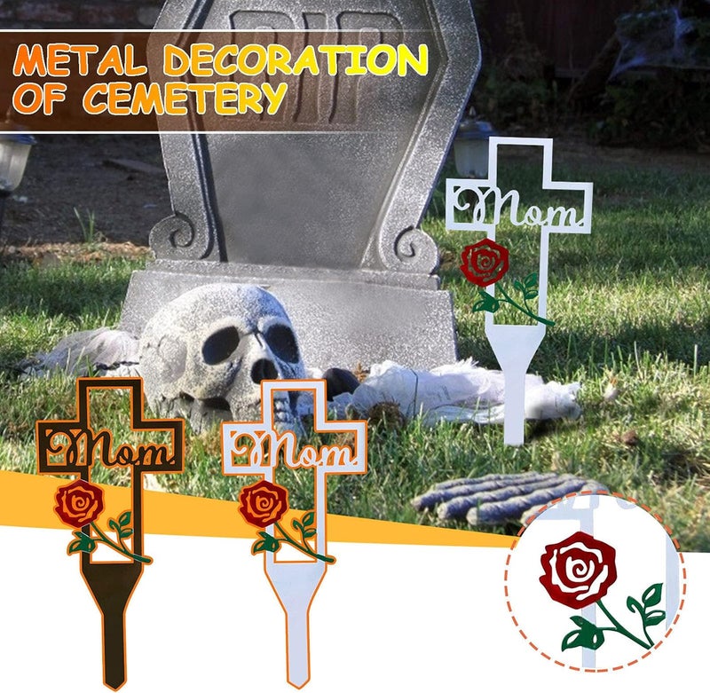 woobles Metal Cross Memorial Garden Stake Graves Cemetery Decorations, for Dad Mom, Halloween Yard Grave Markers, Signs Marker Mom (Black, Mom) (001) - Image 1