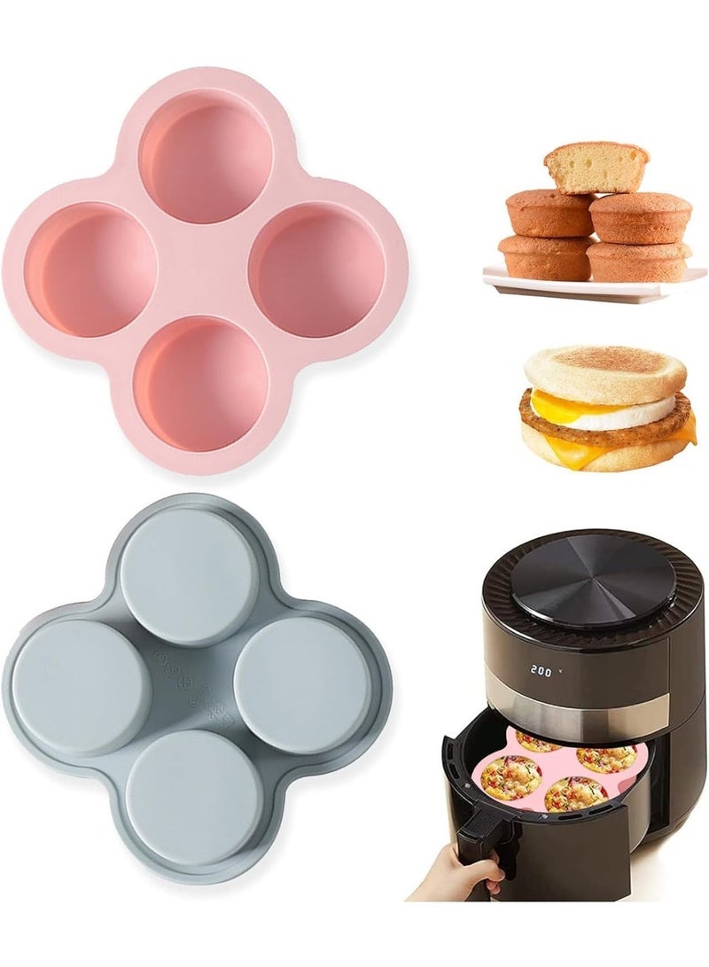 HZYH 2 Pcs Reusable Silicone Air Fryer Cakes Molds, Non-Stick Baking Pan, Muffin & Hamburger Bun, Air Fryer Accessories, Silicone Cupcake Pan (Gray/Pink, 5.4  Inch) - Image 1