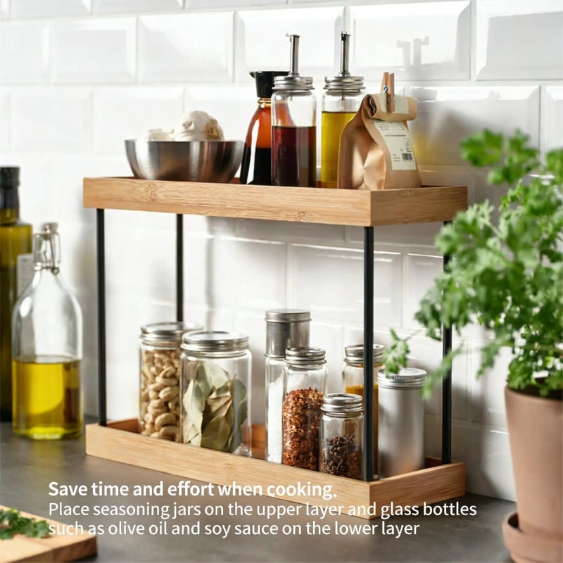 1-Pack Double-Layer Bamboo Kitchen Countertop Organizer, Countertop Spice Rack, Multi-Functional Storage Shelf, Simple and Natural Style Home Organizer, Standing Shelf - Image 5