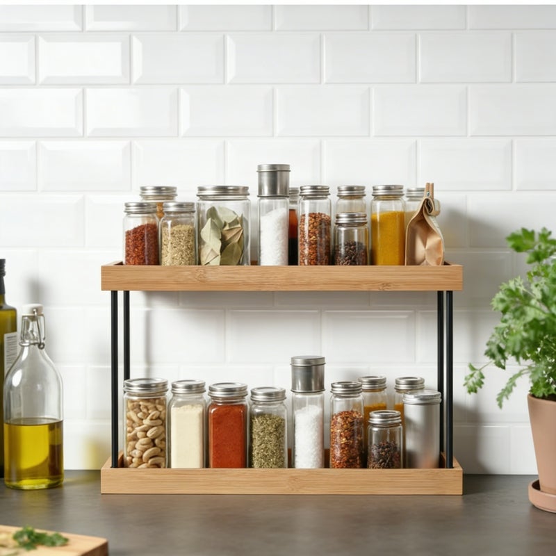 1-Pack Double-Layer Bamboo Kitchen Countertop Organizer, Countertop Spice Rack, Multi-Functional Storage Shelf, Simple and Natural Style Home Organizer, Standing Shelf - Image 3