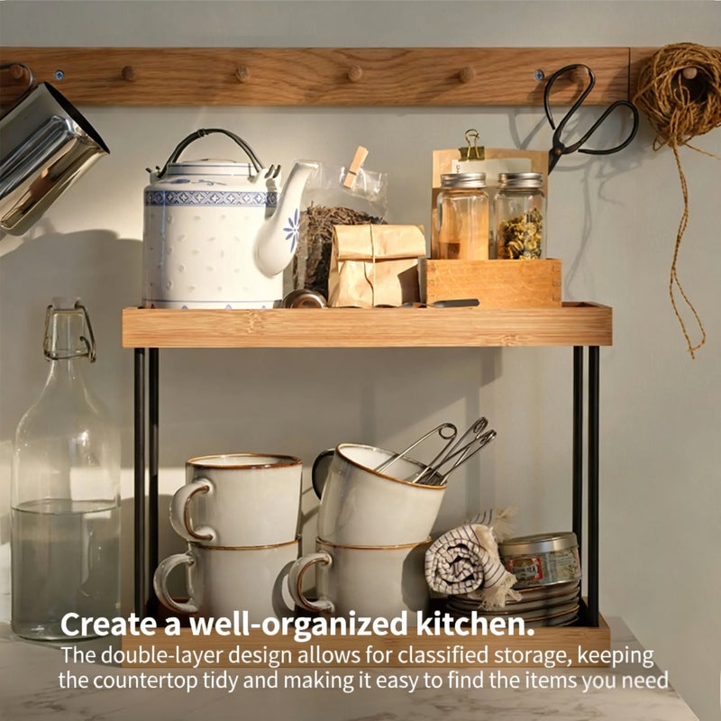 1-Pack Double-Layer Bamboo Kitchen Countertop Organizer, Countertop Spice Rack, Multi-Functional Storage Shelf, Simple and Natural Style Home Organizer, Standing Shelf - Image 4