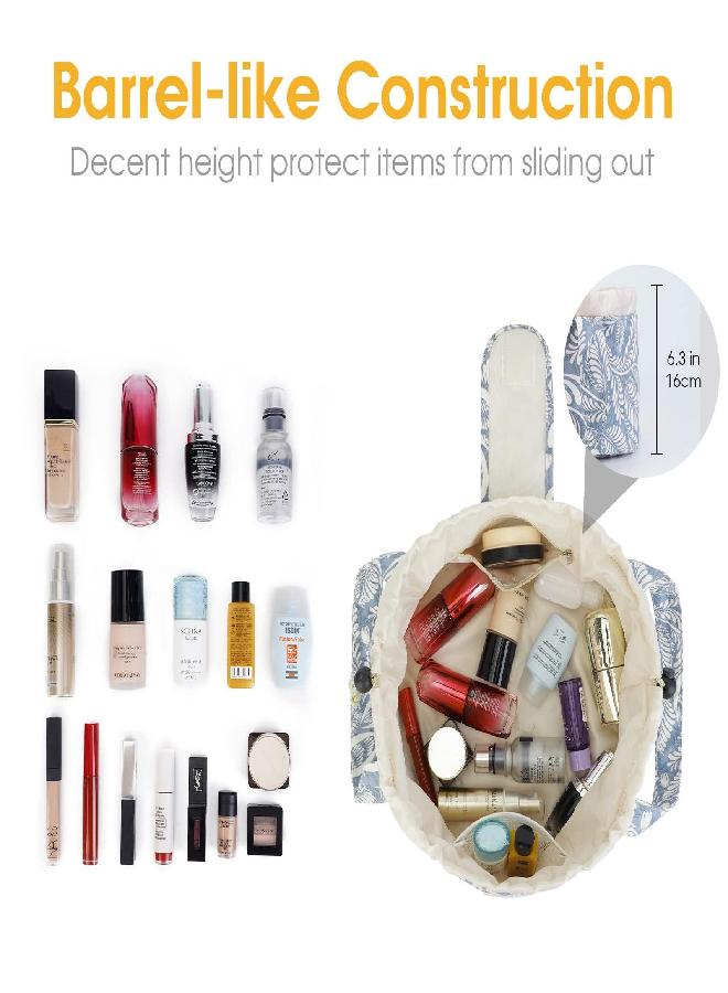 Narwey Barrel Drawstring Makeup Bag Large Cosmetic Bag Toiletry Organizer for Women (Blue Leaf) - Image 1