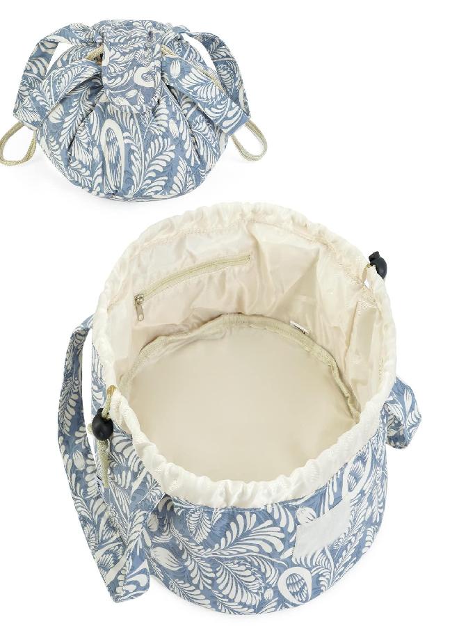 Narwey Barrel Drawstring Makeup Bag Large Cosmetic Bag Toiletry Organizer for Women (Blue Leaf) - Image 2