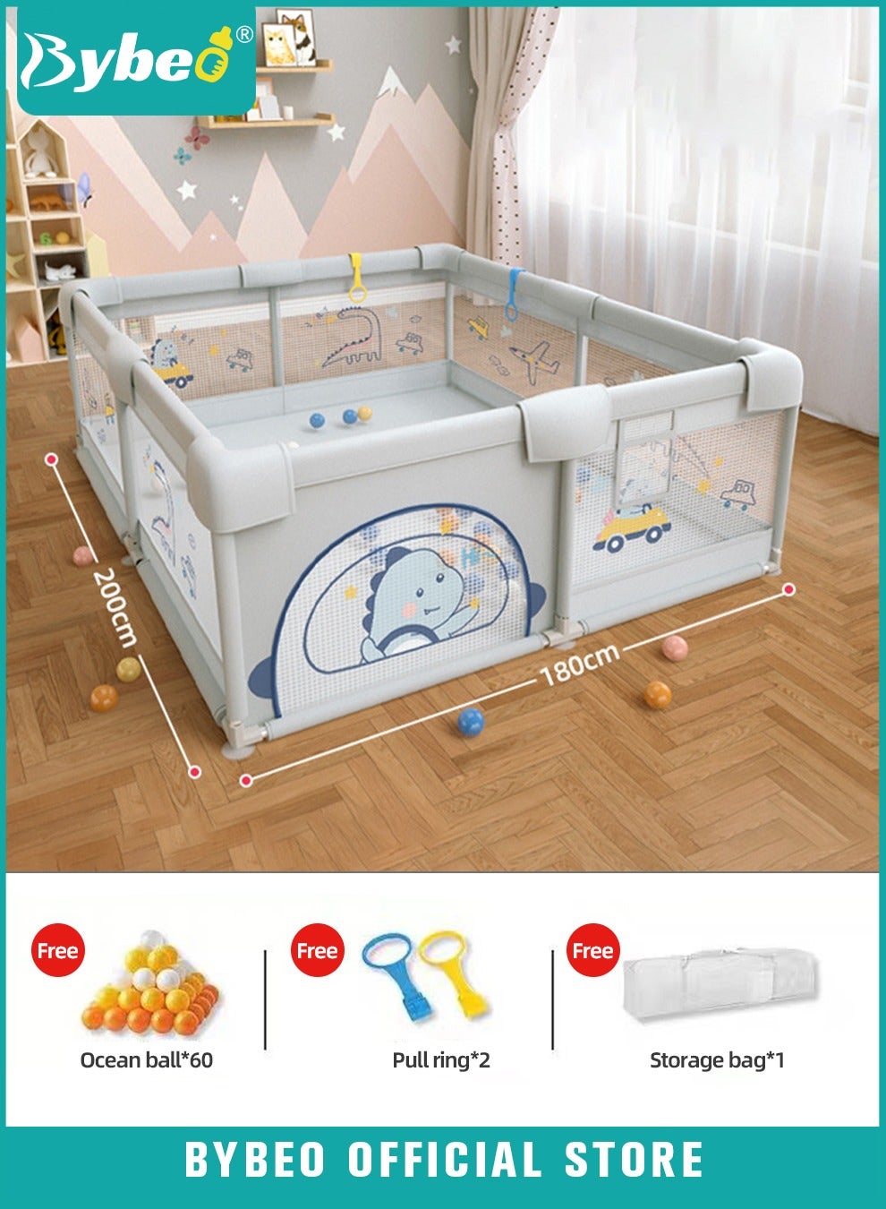 Baby Playpen Fence, Portable Babies Playards for Toddlers, Safety Infant Activity Center, Sturdy Play Area, with 2 Pull Rings, 60 Marine Balls and Storage Bag, 180x200cm