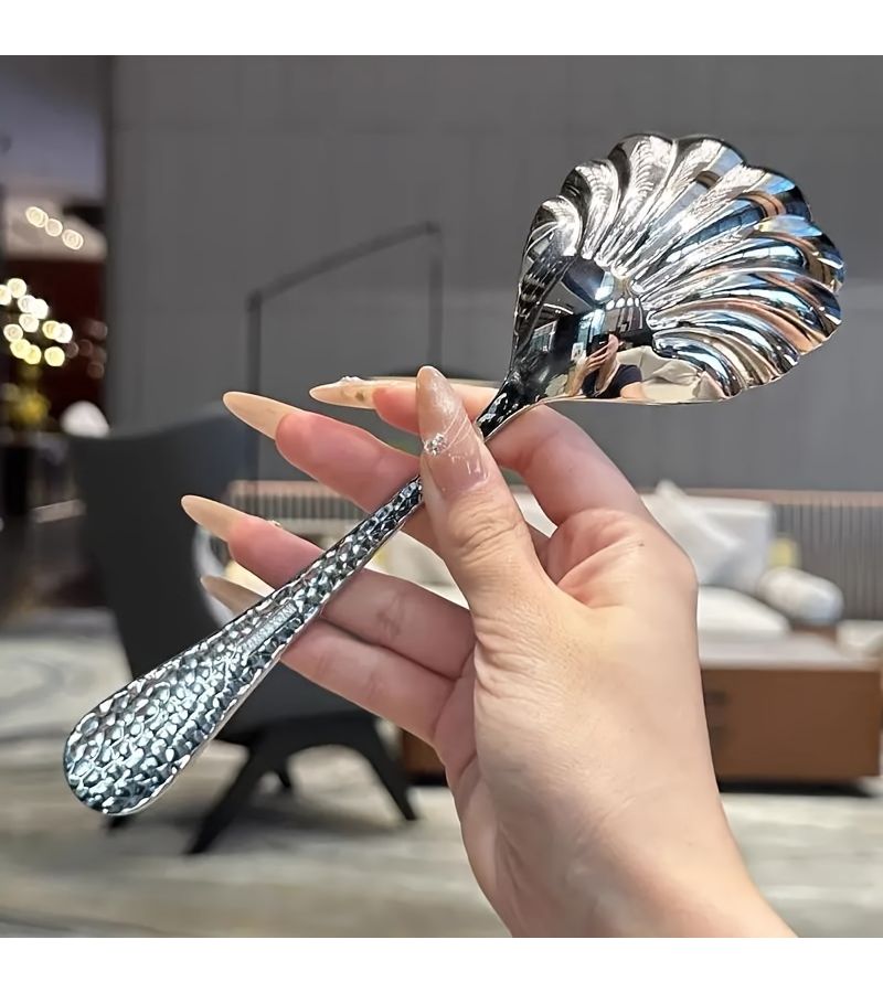 Stainless Steel Hammered Shell Spoon 1 Piece Serving Cutlery for Kitchen Buffet - Image 2