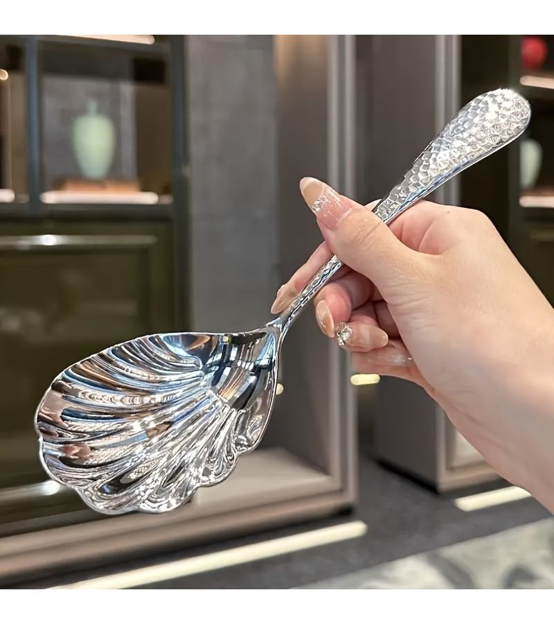 Stainless Steel Hammered Shell Spoon 1 Piece Serving Cutlery for Kitchen Buffet - Image 1