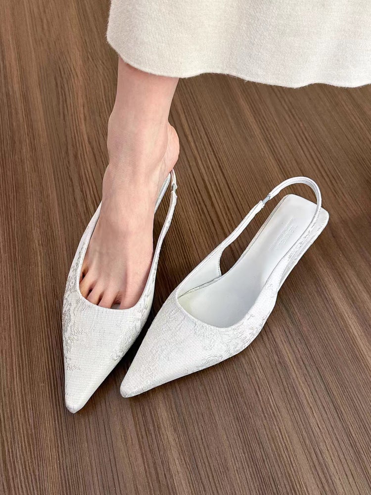 Pointed Baotou Thin Heeled Sandals Spring and Summer 2024 New Shallow Mouth Single-layer Shoes Womens Shoes Large Cong milky white