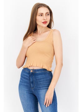 DKNY Jeans Women Scoop Neck Sleeveless Ribbed Top, Light Brown  - Image 1