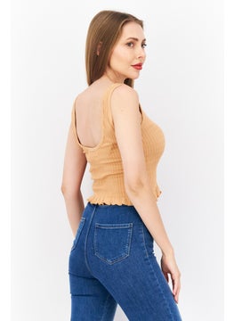 DKNY Jeans Women Scoop Neck Sleeveless Ribbed Top, Light Brown  - Image 3