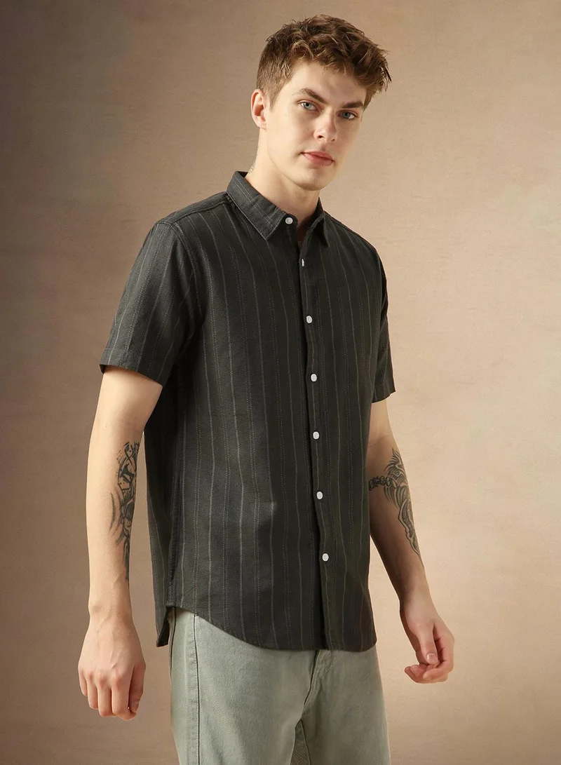 Dennis Lingo Men's Multicoloured Polyester Blend Striped Button Down Shirt