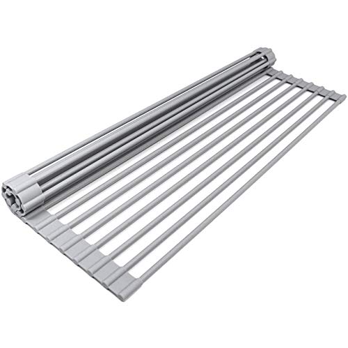 NILKANTH® Over The Sink Multipurpose Roll-Up Dish Drying Rack – Large, Warm Gray (20X13 inches) | Stainless Steel & Silicone Foldable Drainer Rack for Kitchen Sink | Adjustable Utensils Dryer - Image 1