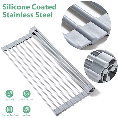 NILKANTH® Over The Sink Multipurpose Roll-Up Dish Drying Rack – Large, Warm Gray (20X13 inches) | Stainless Steel & Silicone Foldable Drainer Rack for Kitchen Sink | Adjustable Utensils Dryer - Image 2