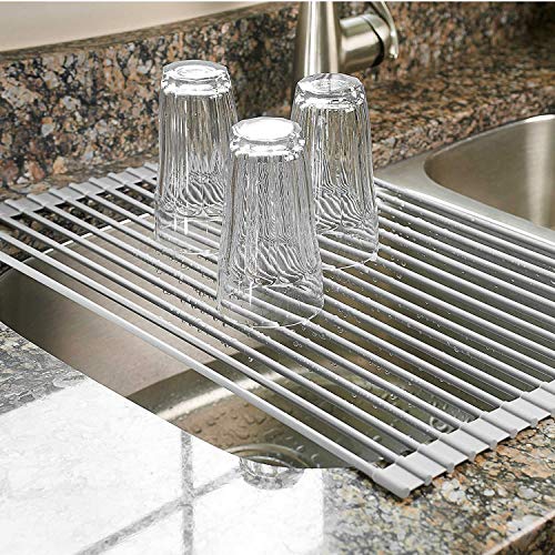 NILKANTH® Over The Sink Multipurpose Roll-Up Dish Drying Rack – Large, Warm Gray (20X13 inches) | Stainless Steel & Silicone Foldable Drainer Rack for Kitchen Sink | Adjustable Utensils Dryer - Image 4