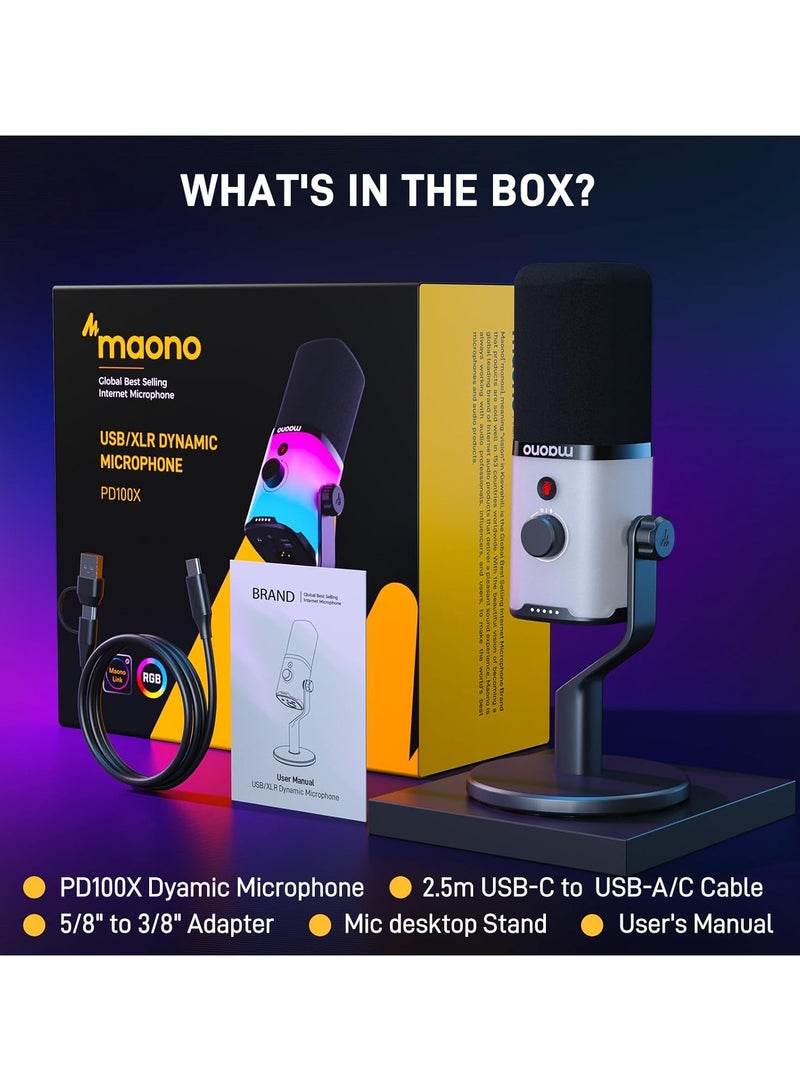 ماونو Maono PD100X RGB XLR/USB Dynamic Microphone – Cardioid Mic with RGB Lights, Mute Button, Headphone Jack, Stand for Podcast, Gaming & Streaming - Image 4
