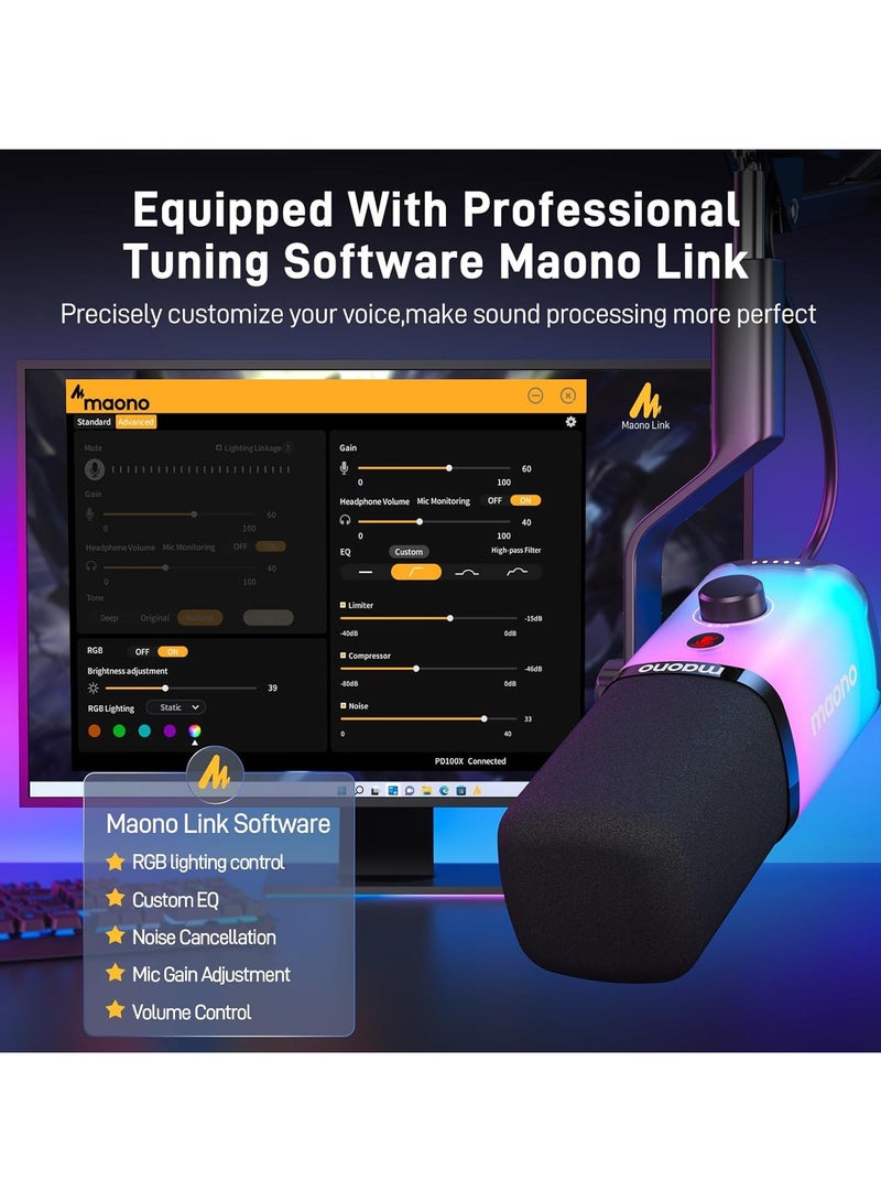 ماونو Maono PD100X RGB XLR/USB Dynamic Microphone – Cardioid Mic with RGB Lights, Mute Button, Headphone Jack, Stand for Podcast, Gaming & Streaming - Image 5