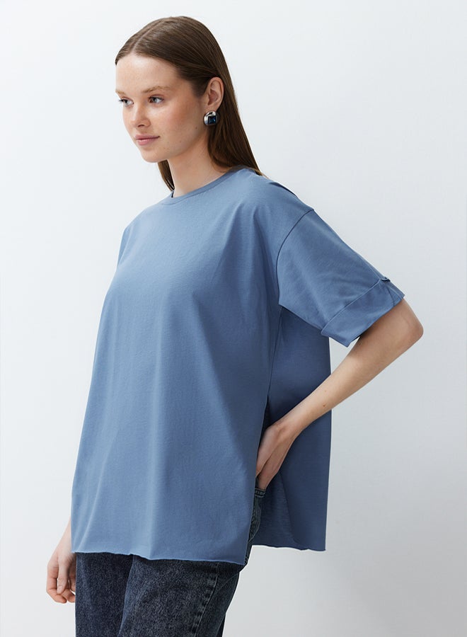 trendyol Indigo Double Sleeve Asymmetrical Boyfriend Knitted T-Shirt - Image 2