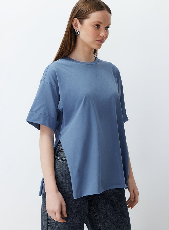 trendyol Indigo Double Sleeve Asymmetrical Boyfriend Knitted T-Shirt - Image 3