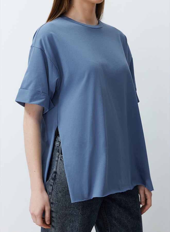 trendyol Indigo Double Sleeve Asymmetrical Boyfriend Knitted T-Shirt - Image 5