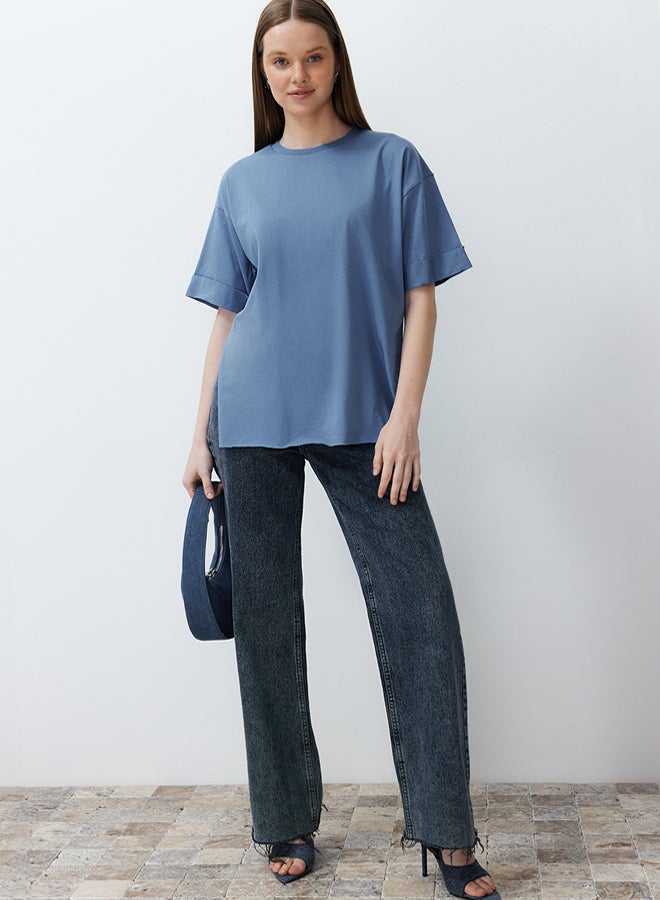 trendyol Indigo Double Sleeve Asymmetrical Boyfriend Knitted T-Shirt - Image 1