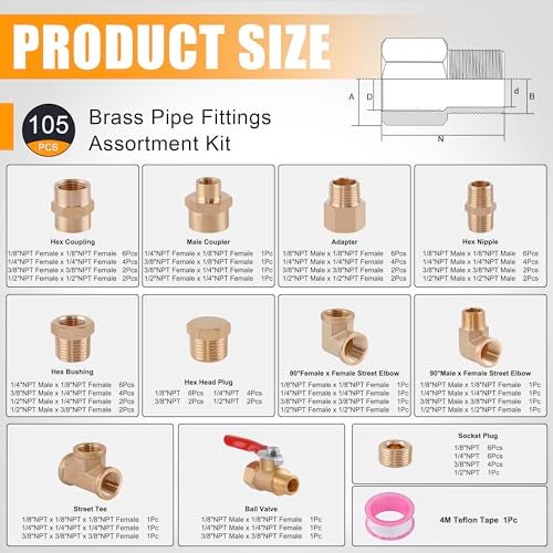 Ailbiuko 105PCS Brass Pipe Fittings Assortment Kit NPT AdapterReducer Bushing Hex Nipple Reducing Hex Coupling90 Degree Street ElbowStreet TeeBall ValveHex Head PlugsSocket Plug Fittings Kits - Image 3